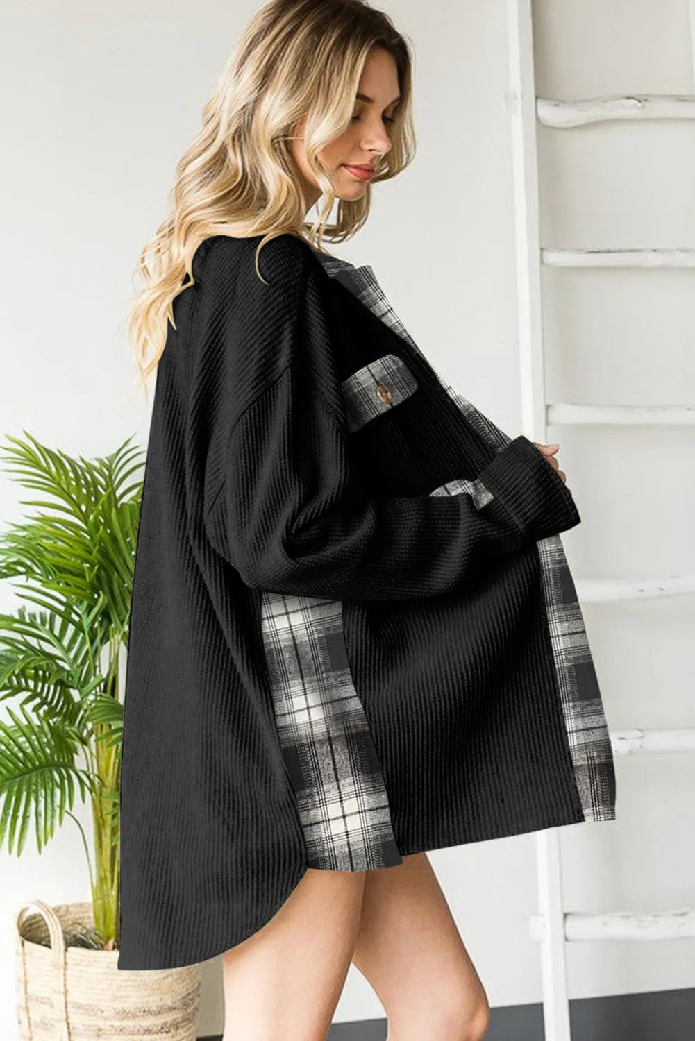 Black Plaid Patchwork Waffle Thermal Knit Shacket - Chic Meadow Boutique 