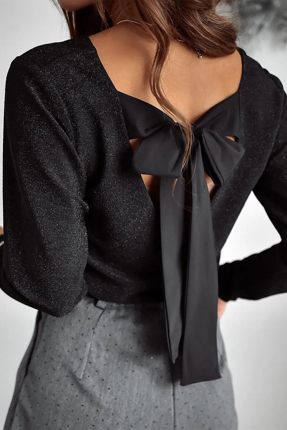 Black Metallic Bowknot Open Back V Neck Top - Chic Meadow Boutique 