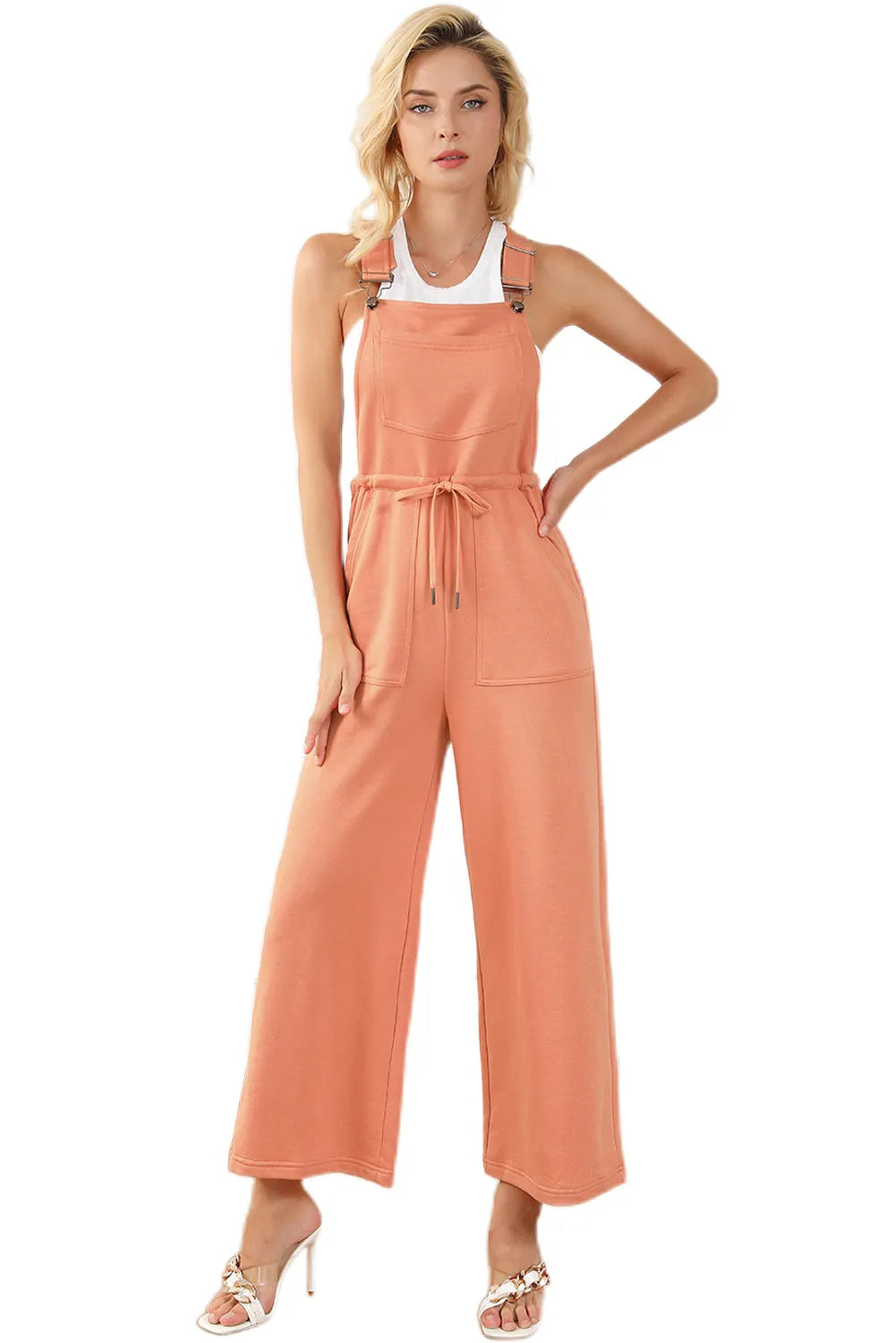 Orange Pocketed Drawstring Wide Leg Overalls - Chic Meadow Boutique 