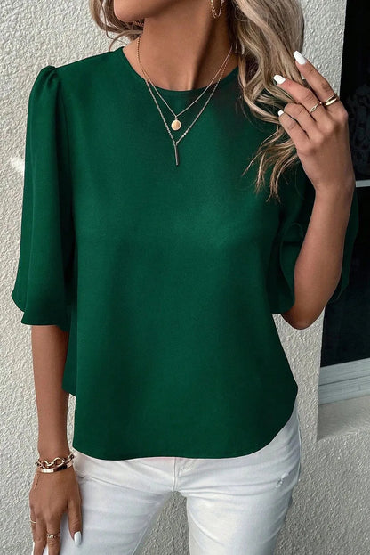 Blackish Green Solid Color Satin Keyhole Back Wide Sleeve Blouse - Chic Meadow Boutique 