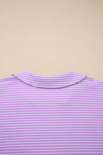 Purple Stripe Dolman Sleeve Polo Shirt and Drawstring Shorts Set