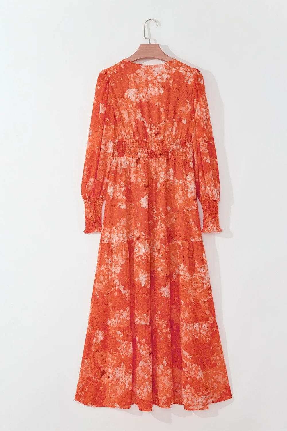 Dresses/Maxi Dresses Orange Boho Floral Bishop Sleeve V Neck Tiered Maxi Dress