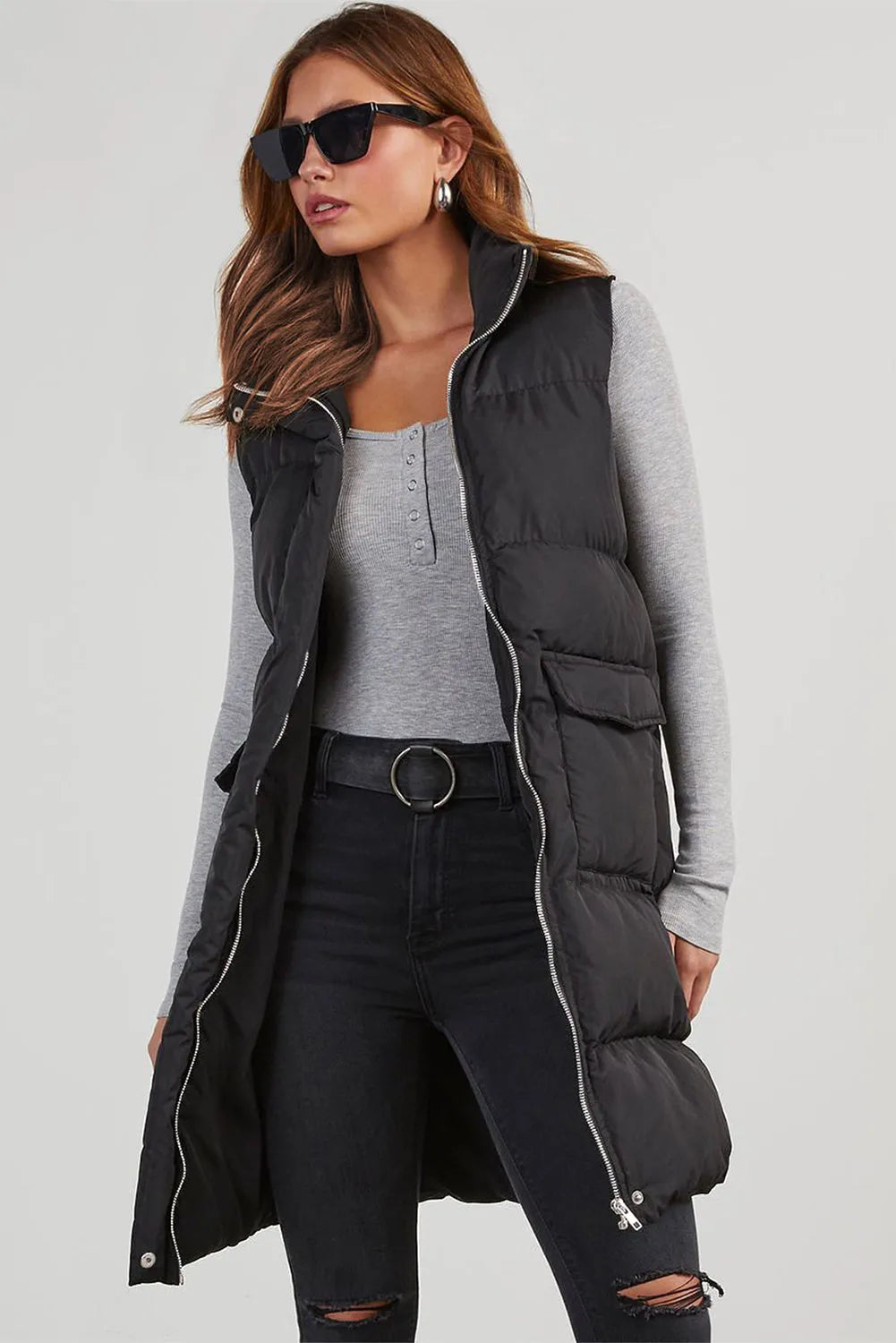 Black Windproof Longline Full Zipper Puffer Vest with Pockets - Chic Meadow Boutique 