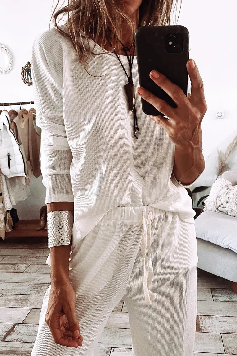 White Textured Long Sleeve T Shirt and Pants Lounge Set - Chic Meadow Boutique 