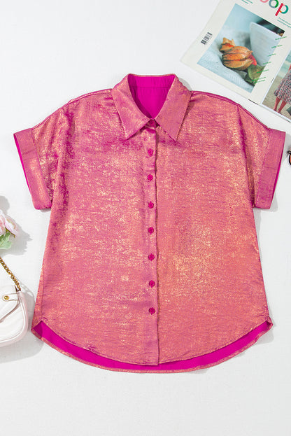 Rose Red Metallic Sheen Short Sleeve Buttoned Front Casual Shirt