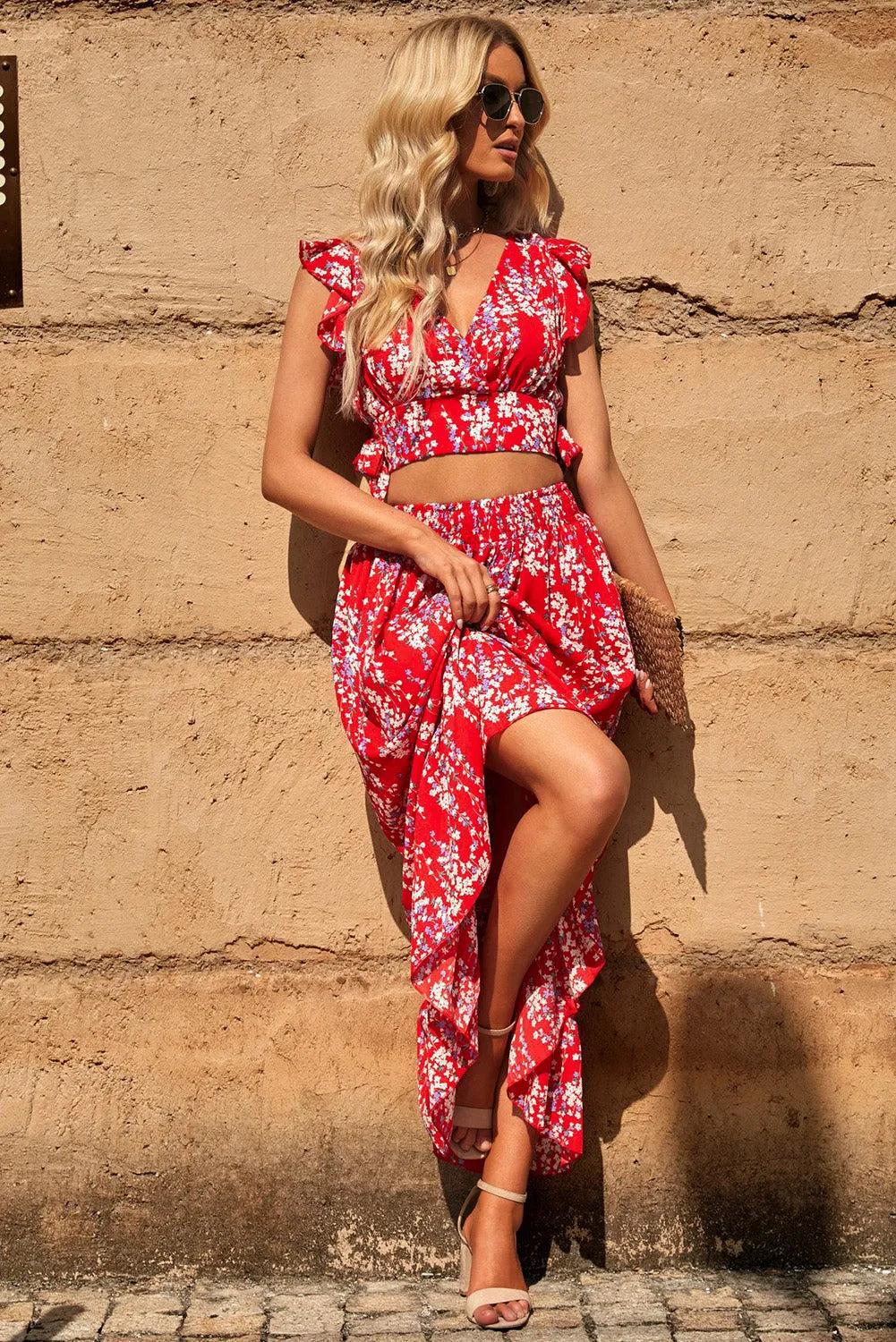 Fiery Red Multicolor Floral Ruffled Crop Top and Maxi Skirt Set - Chic Meadow Boutique 