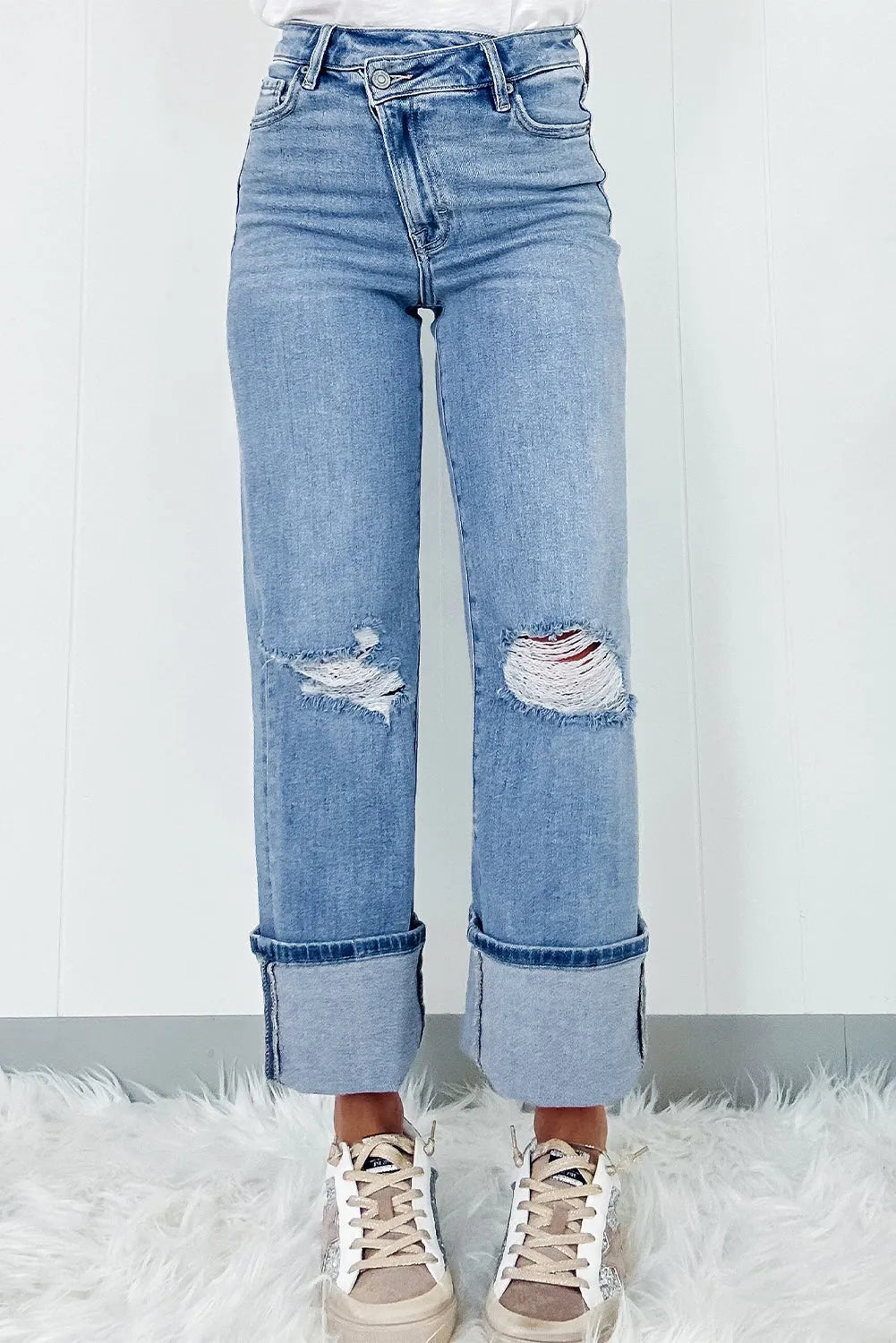 Dusk Blue High Rise Asymmetric Button Zip Fly Ripped Jeans - Chic Meadow Boutique 