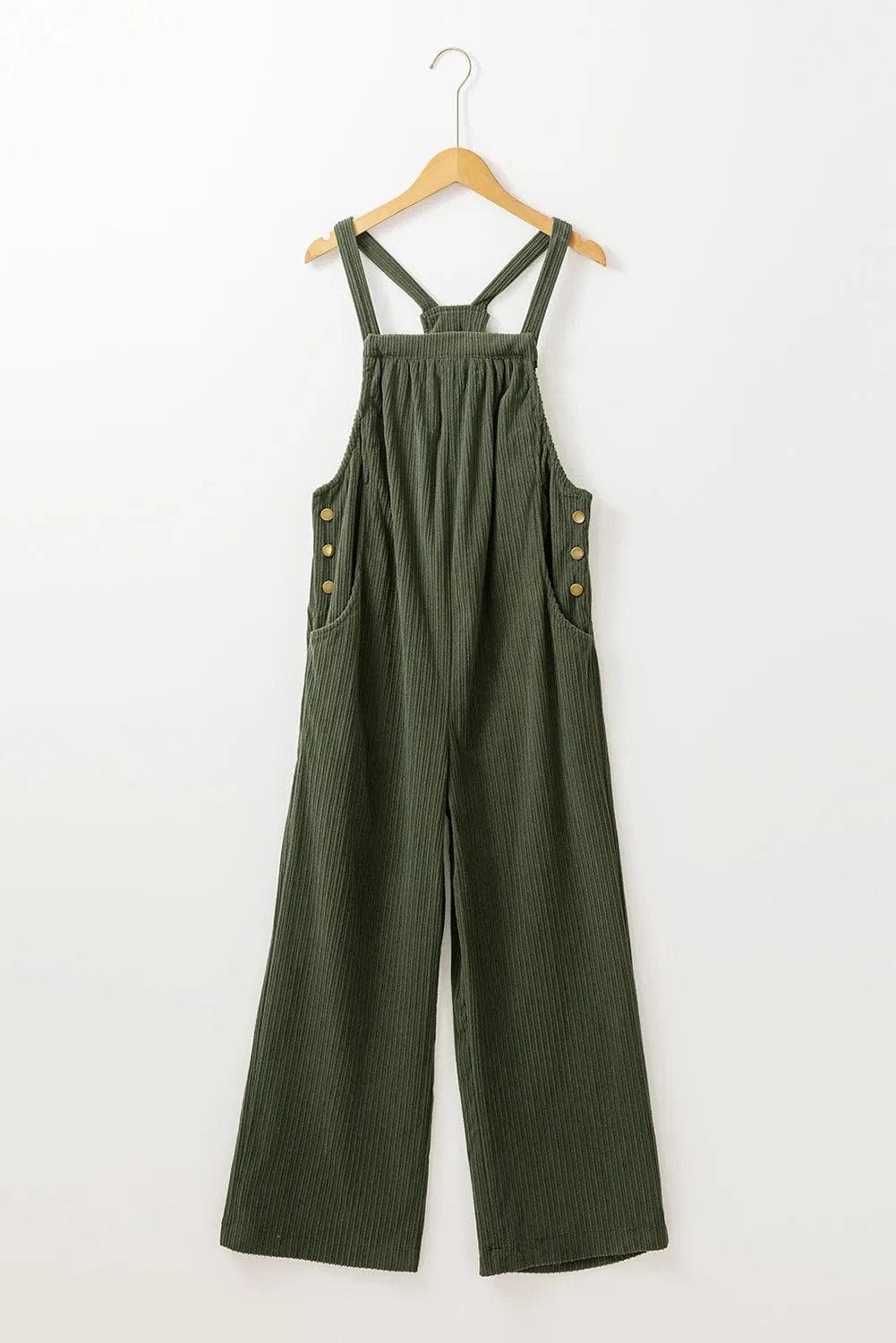 Bottoms/Jumpsuits & Rompers Jungle Green Solid Pocketed Loose Fit Corduroy Overall