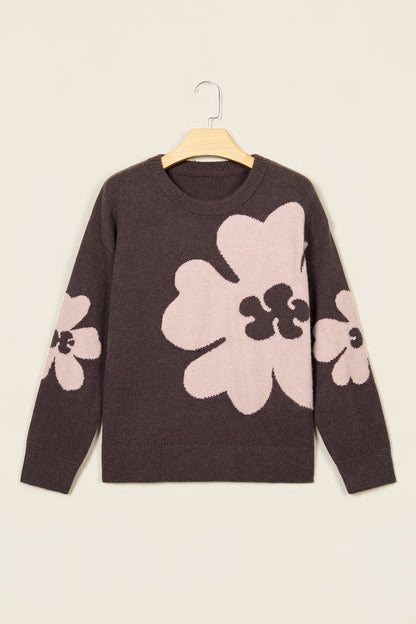 Chicory Coffee Cozy Floral Print Round Neck Dropped Shoulder Casual Sweater
