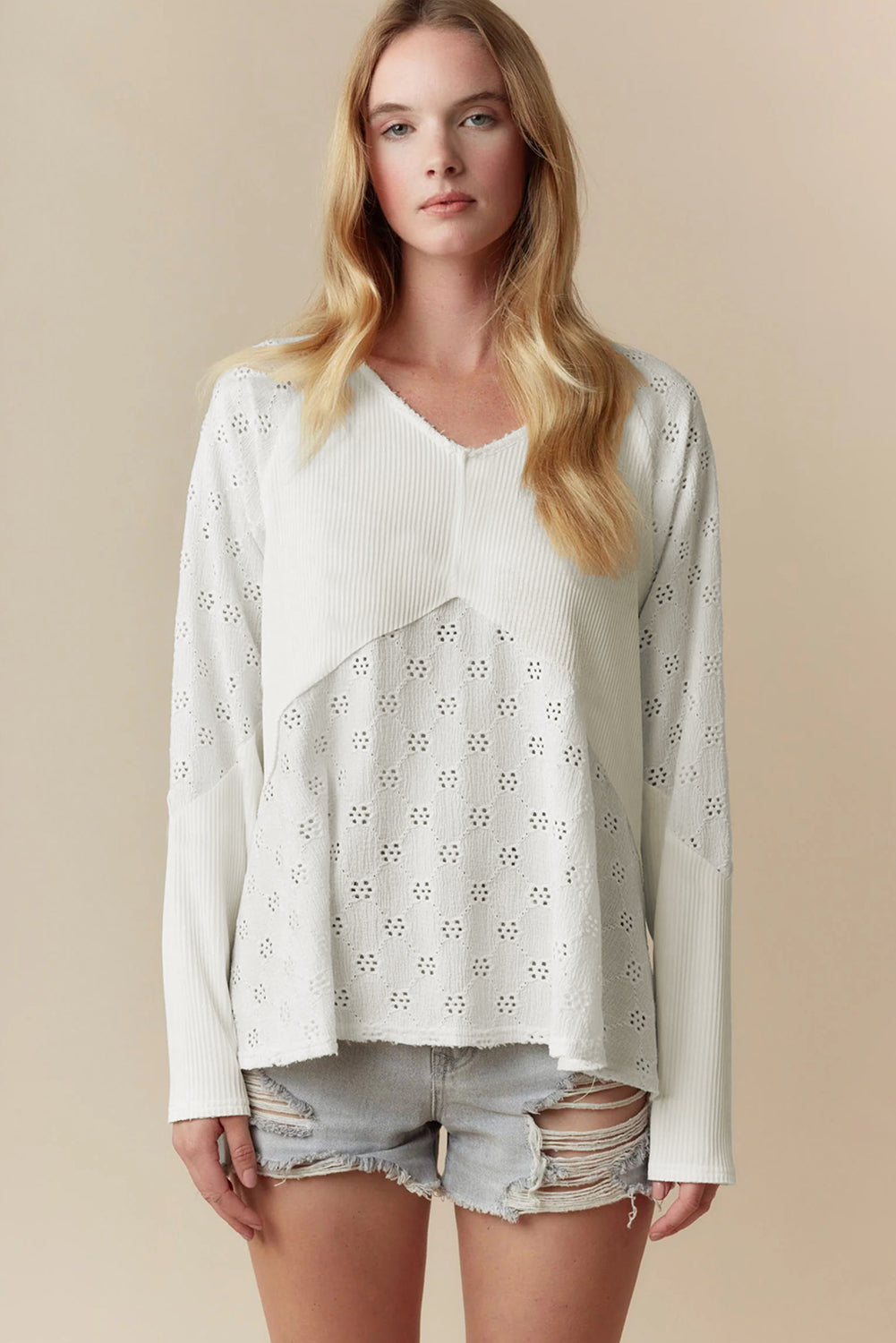 White Twisted Rib Patchwork Embroidered Loose V Neck Long Sleeve Top
