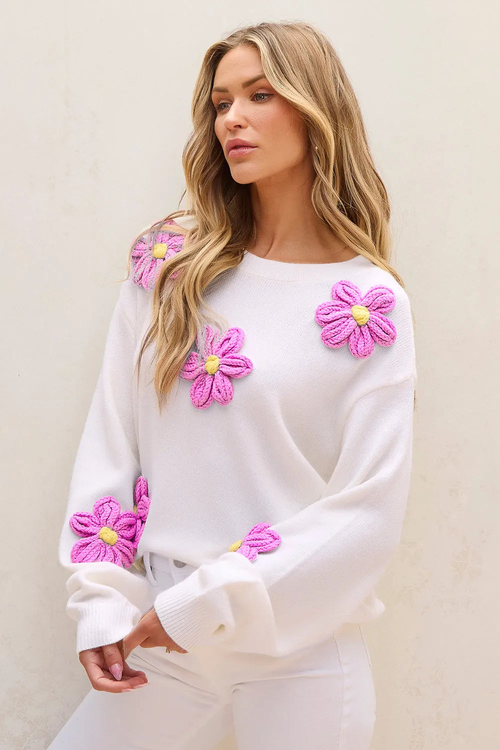 White Floral Crochet Chunky Knit Sweater - Chic Meadow Boutique 