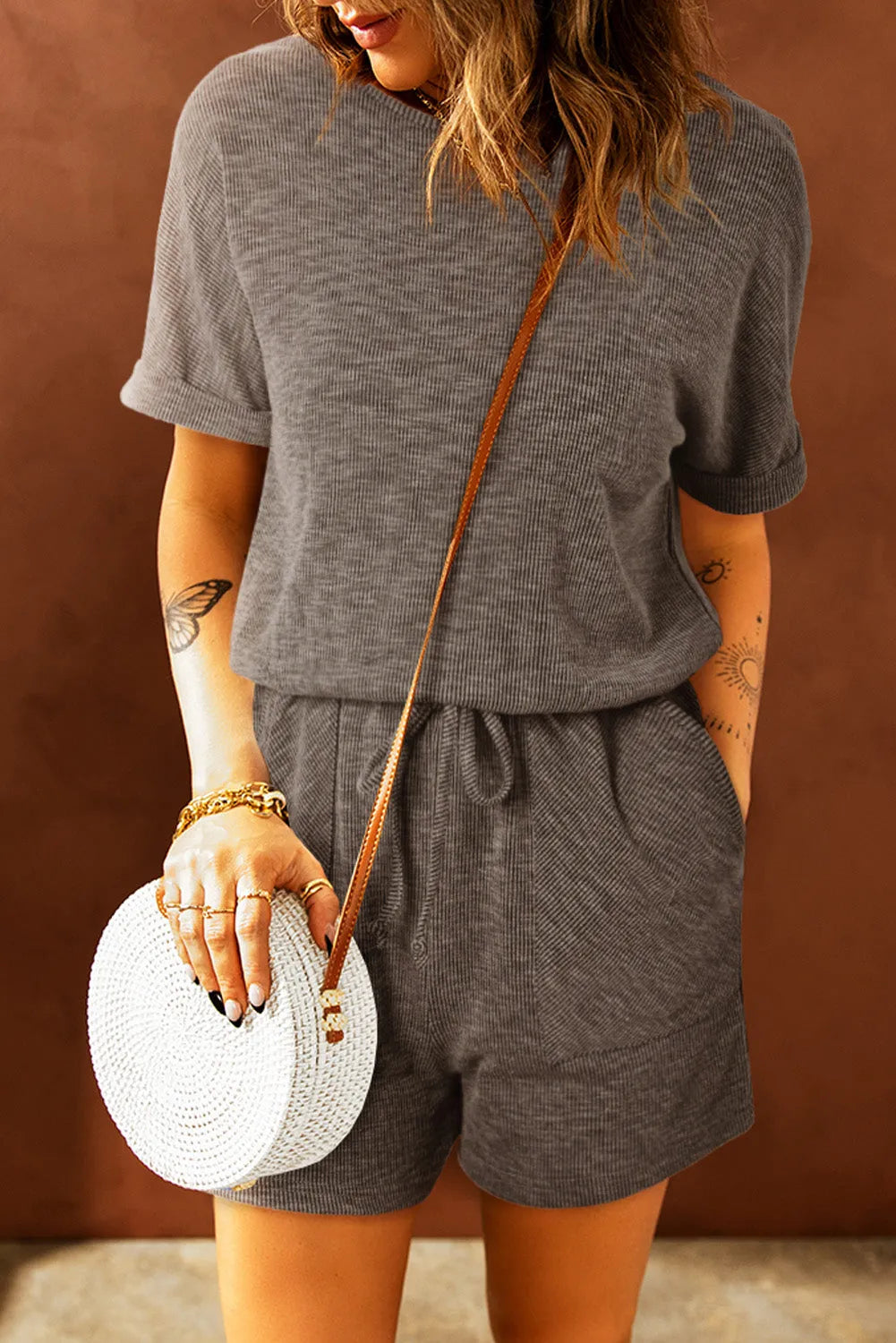 Bottoms/Jumpsuits & Rompers Gray Ribbed Elastic Waist Romper