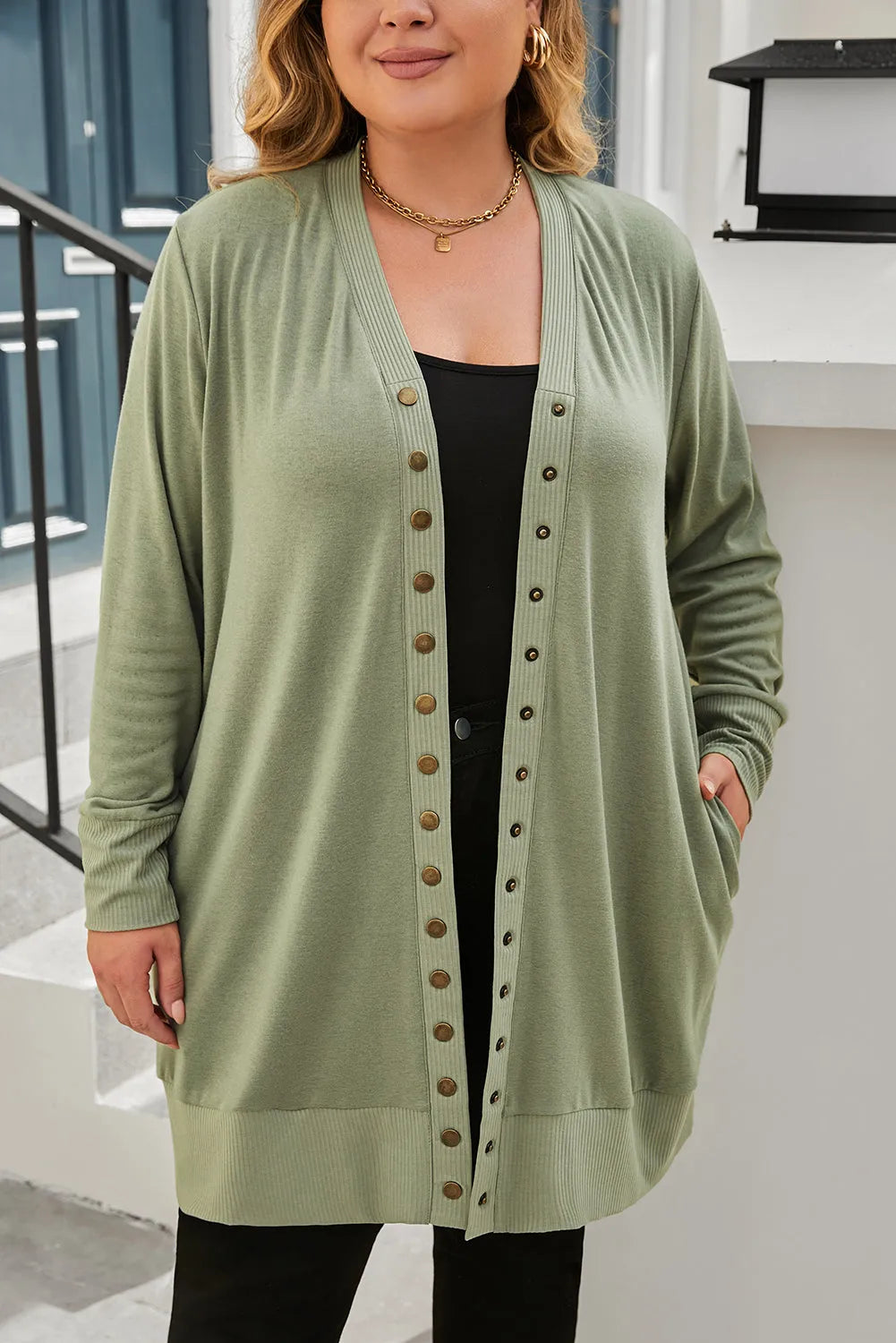 Green Plus Size Snap Buttons Front Knit Cardigan - Chic Meadow Boutique 