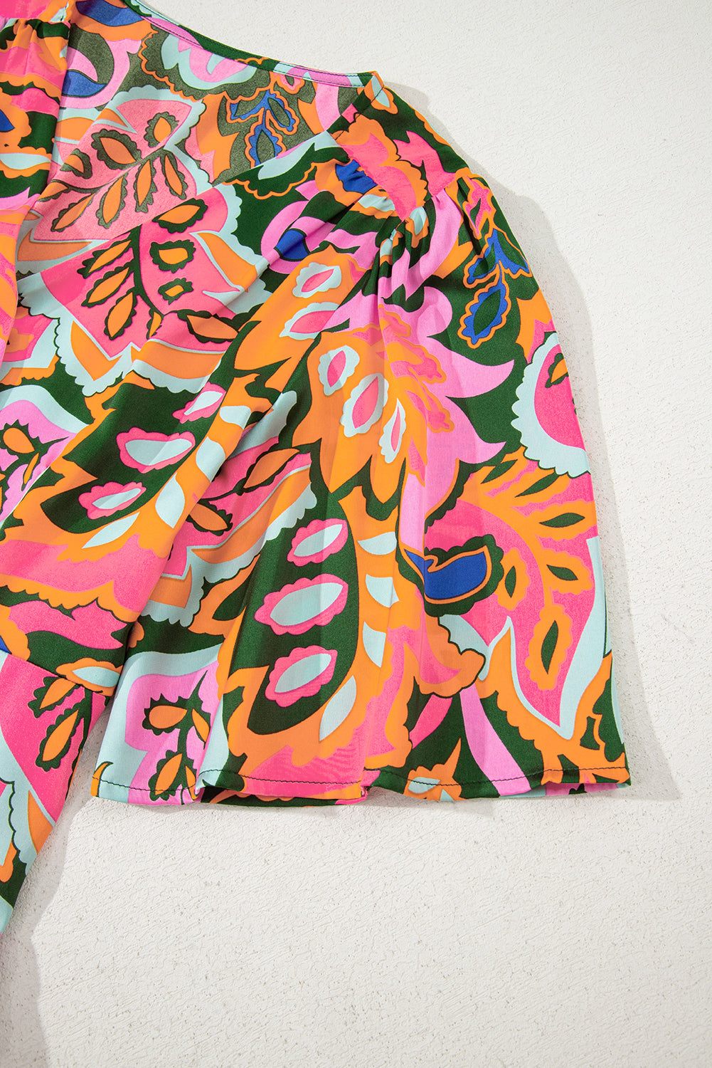 Rose Summer Plant Print Surpliced V Neck Ruffled Asymmetric Slit Wide Short Sleeve Maxi Dress