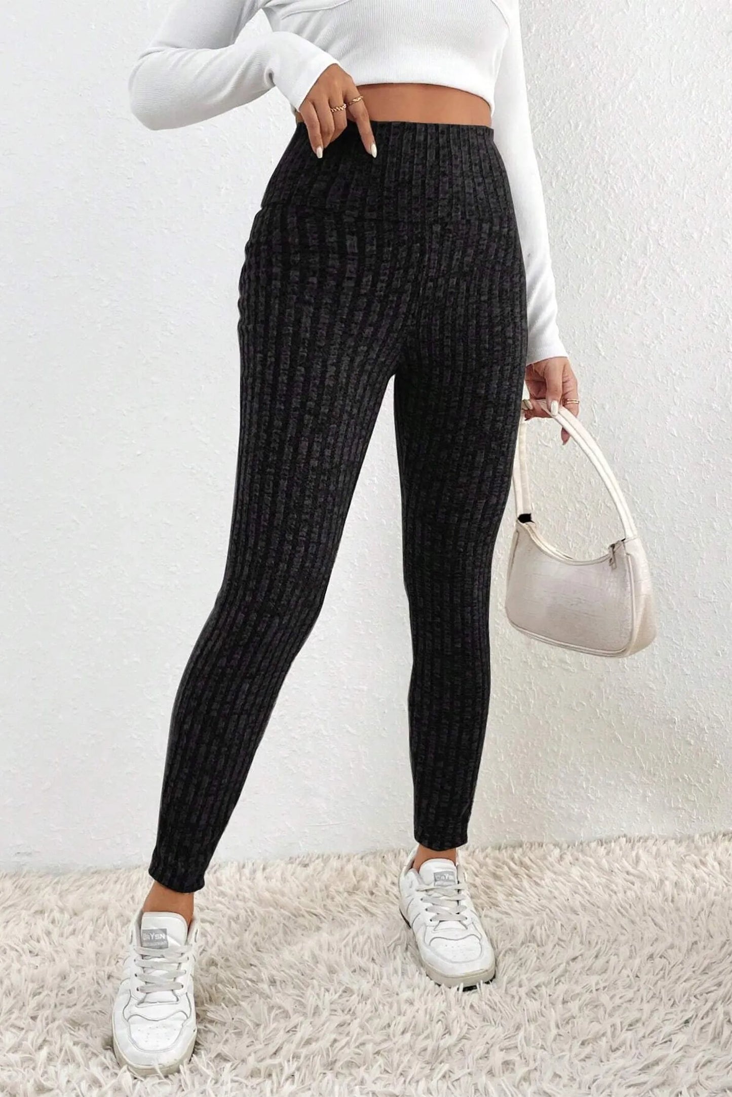 Black Wide Waistband Ribbed Textured Knit Leggings - Chic Meadow Boutique 