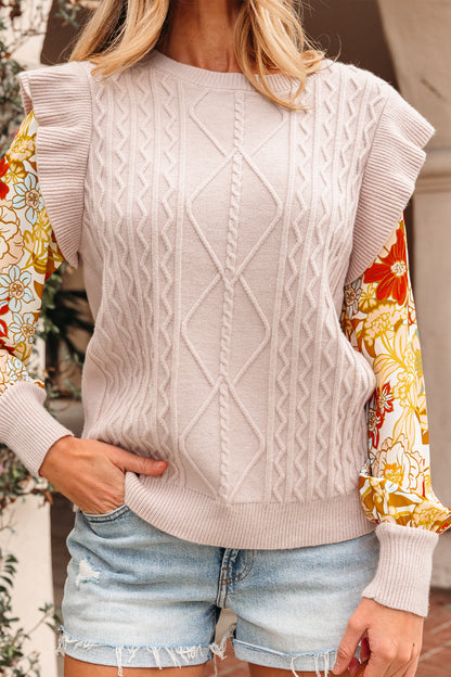 Parchment Cable Knit Ruffle Detail Contrast Floral Sleeve Patchwork Sweater