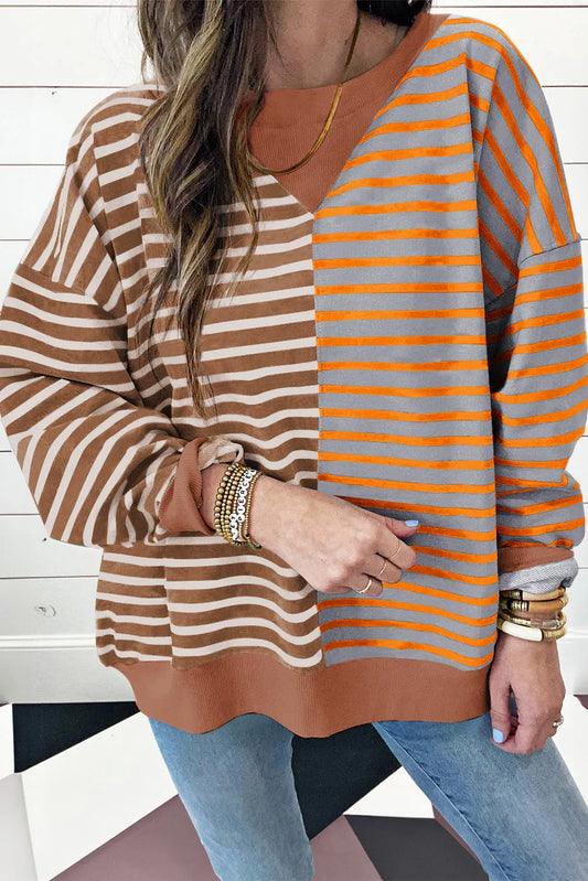 Brown Stripe Casual Stripe Colorblock Drop Shoulder Oversize Sweatshirt - Chic Meadow Boutique 