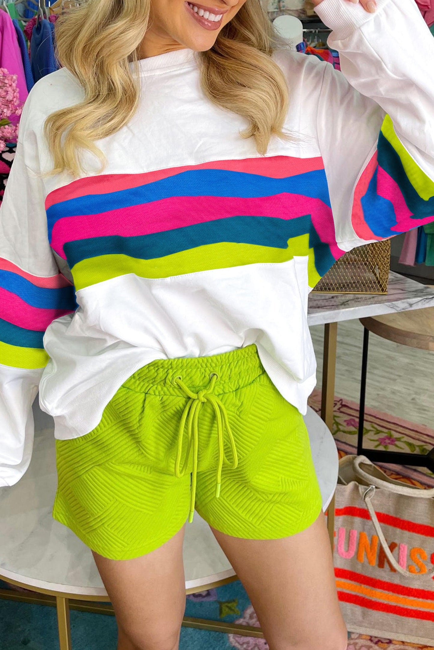 Tops/Long Sleeve Tops White / S / 70%Polyester+30%Cotton White Colorful Striped Accent Long Sleeve T Shirt