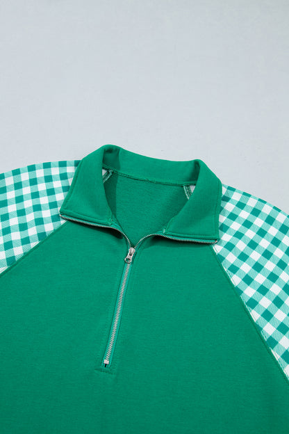 Dark Green Patchwork Plaid Pocket Quarter Zip Sweatshirt