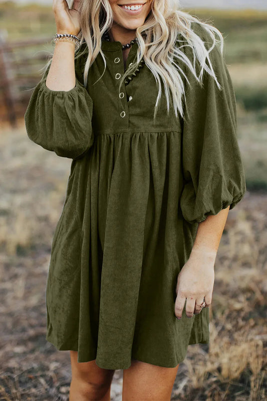 Vineyard Green Corduroy Snap Buttons Empire Waist Bracelet Sleeve Dress - Chic Meadow Boutique 