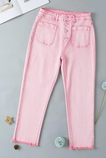 Bottoms/Jeans Apricot Pink Multi Buttons Raw Edge Crop Jeans