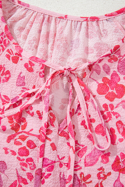 Pink Floral Puff Sleeve Split Neck Lightweight Blouse