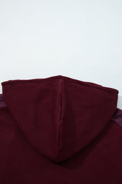 Burgundy Waffle Splicing Zip Up Front Button Hooded Jacket