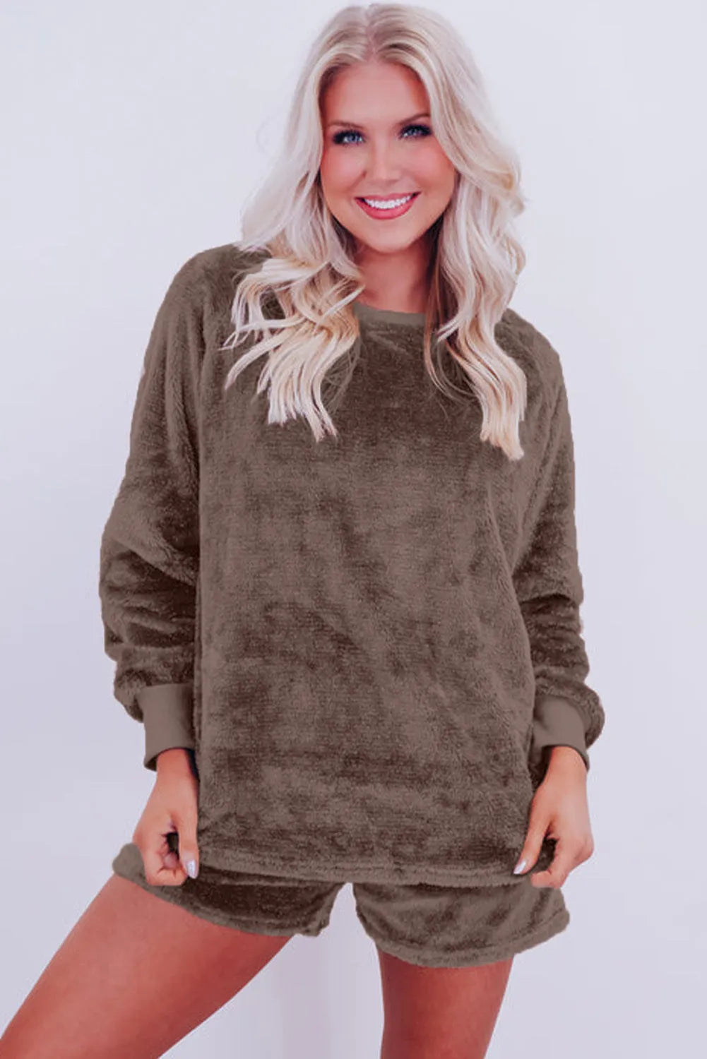 Coffee Solid Loose Fit Two Piece Fleece Lounge Set - Chic Meadow Boutique 