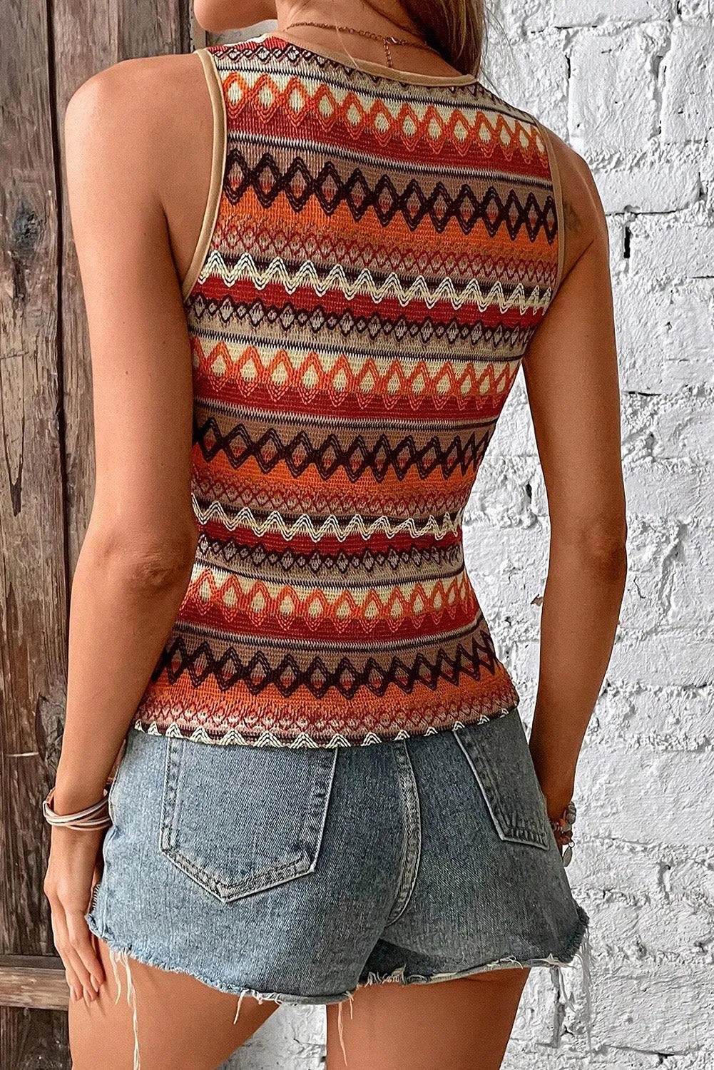 Orange Striped & Geo Jacquard Knit Tank Top - Chic Meadow Boutique 