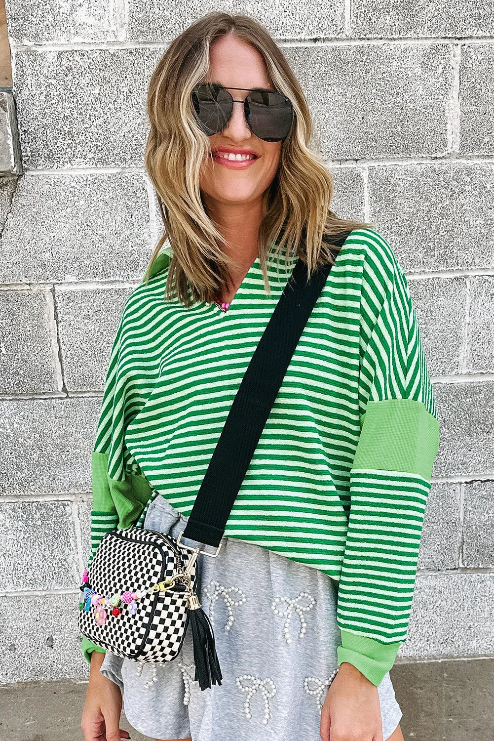 Green Stripe Turn-Down V Neck Patchwork Loose Top - Chic Meadow Boutique 