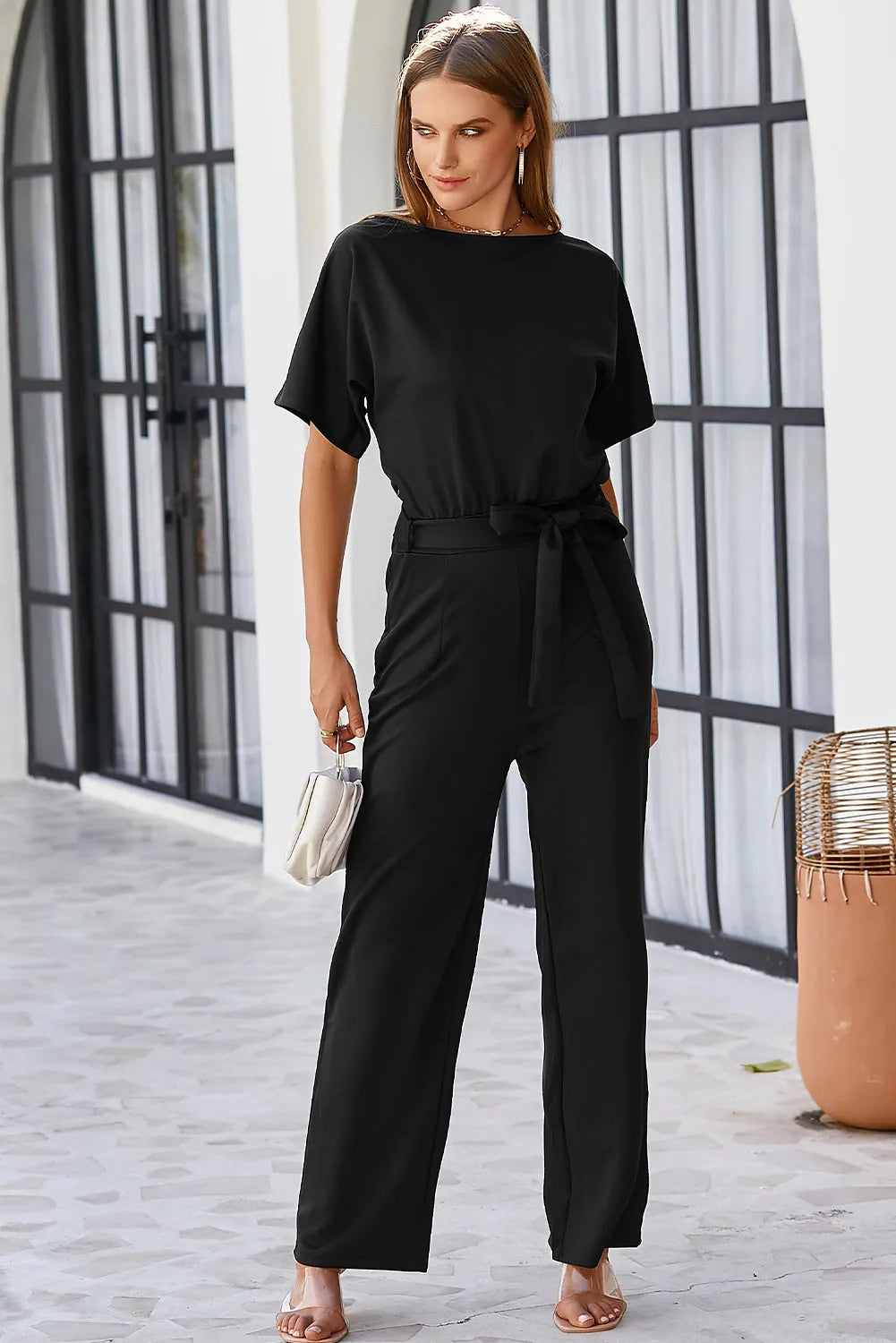 Black Belted Wide Leg Jumpsuit - Chic Meadow Boutique 