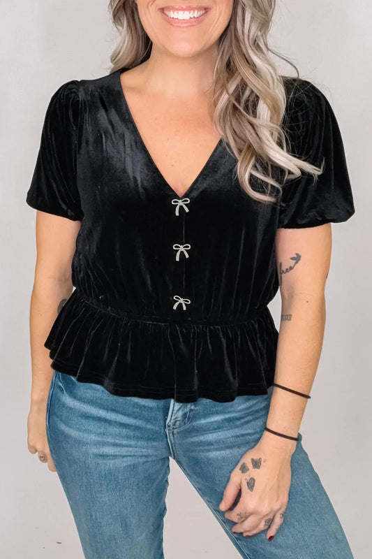 Black V Neck Bow Decoration Peplum Hem Shift Silhouette Short Sleeve Blouse