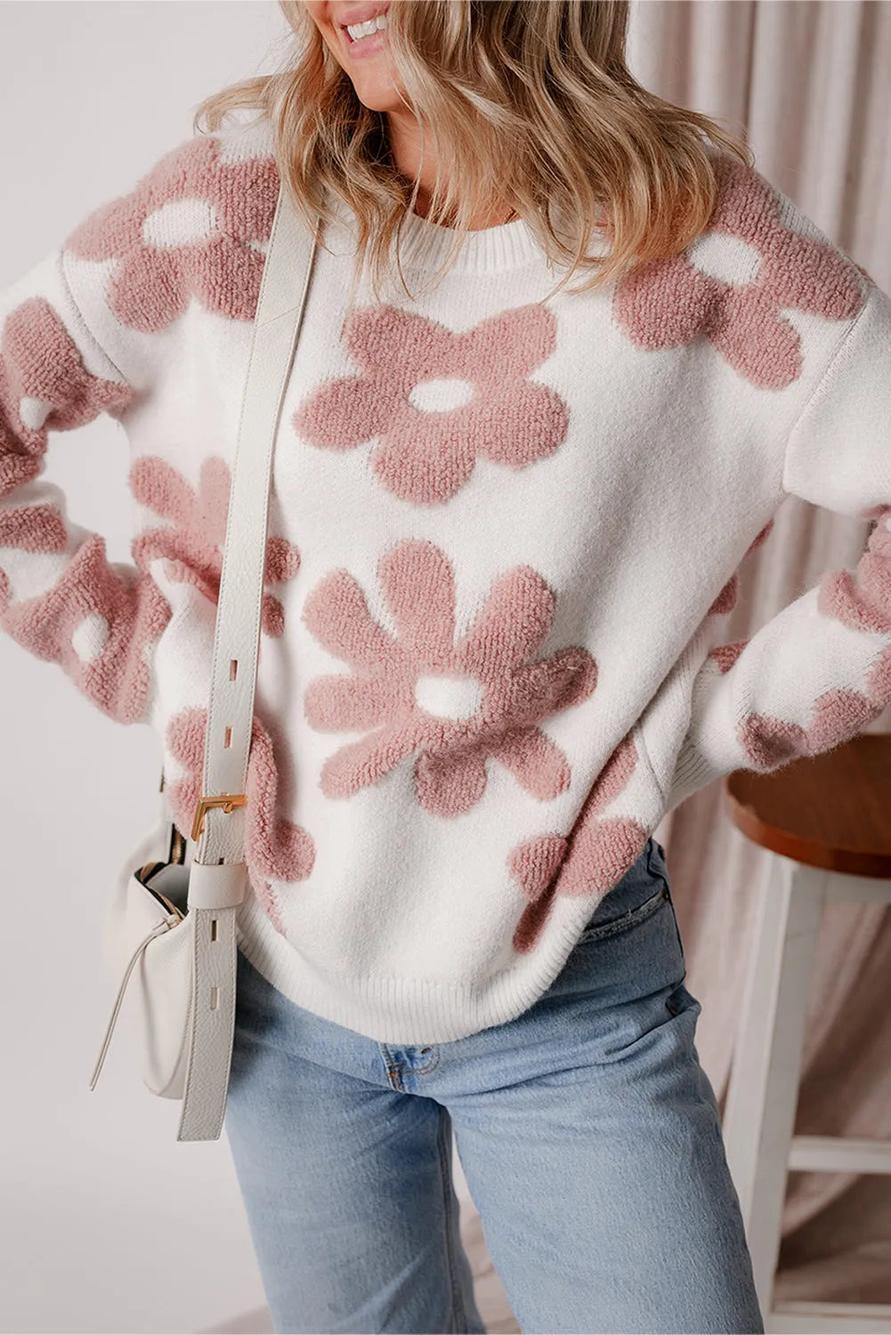 White Textured Flower Drop Shoulder Loose Sweater - Chic Meadow Boutique 