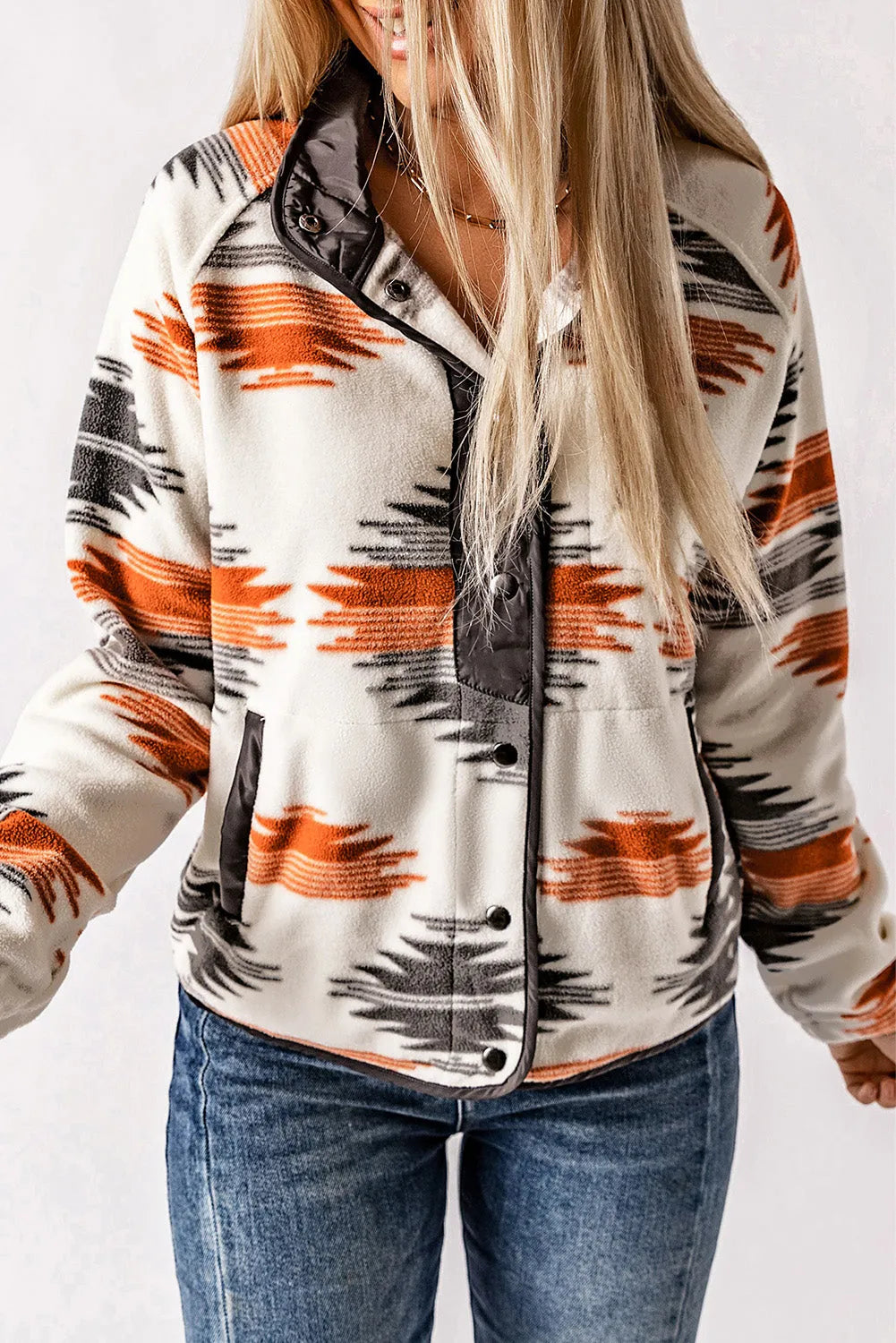 Gray Western Aztec Snap Buttoned Fleece Jacket - Chic Meadow Boutique 