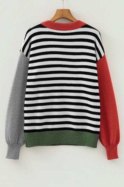 Gray Striped Panels Colorblock Sleeve Chic Sweater