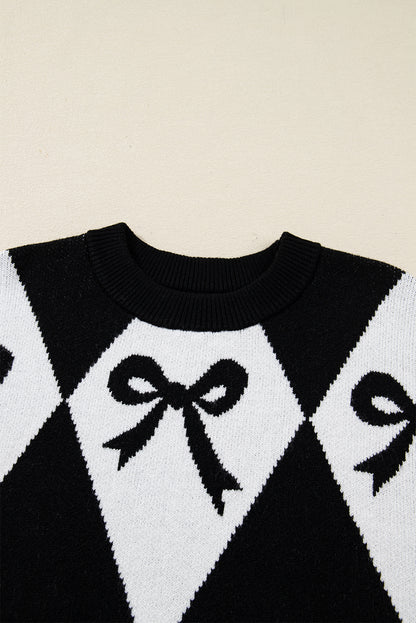 Black Bow Print 2-tone Rhombus Knit Loose Sweater