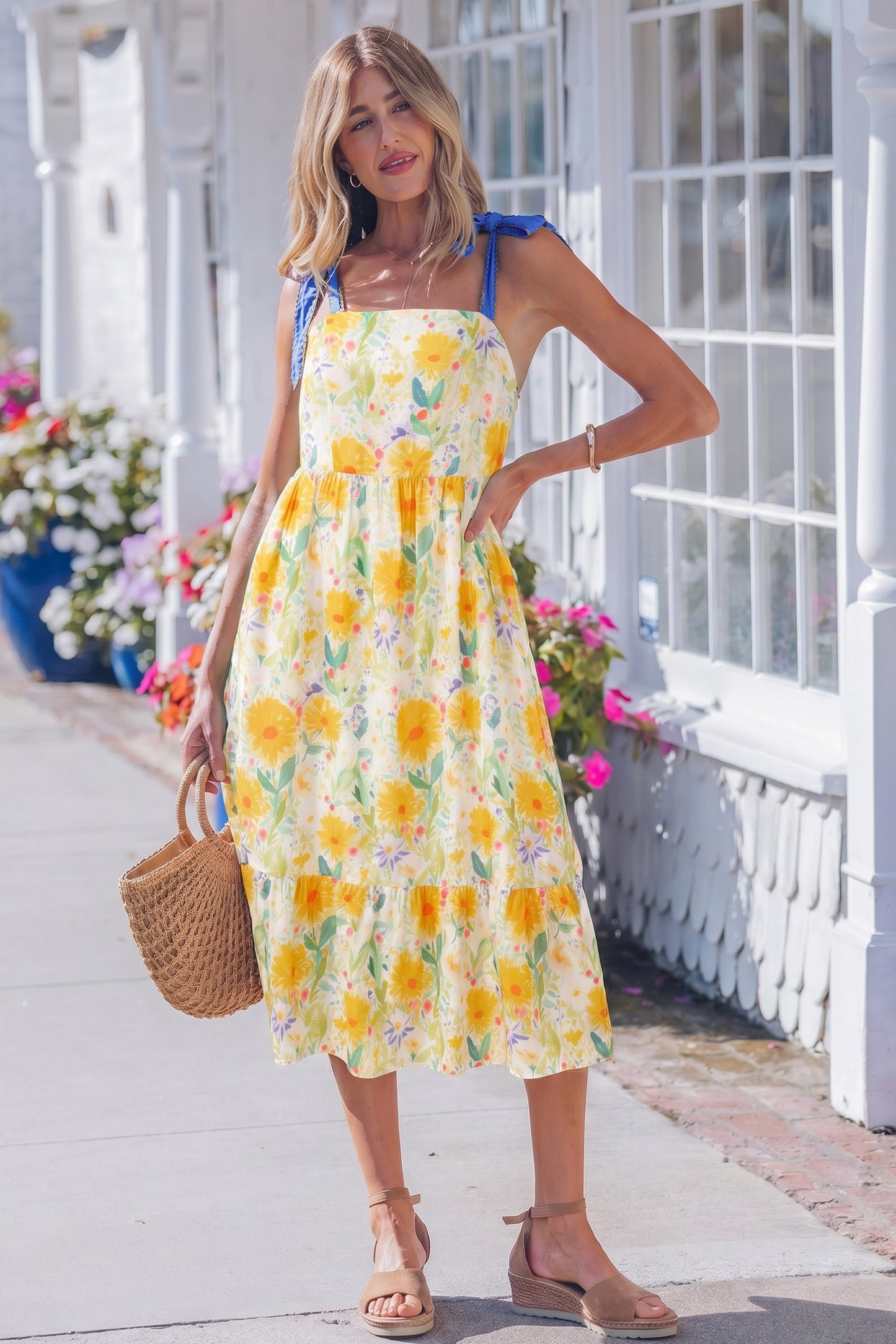 Yellow Floral Print Contrast Stitched Knot Denim Straps High Waist Dress