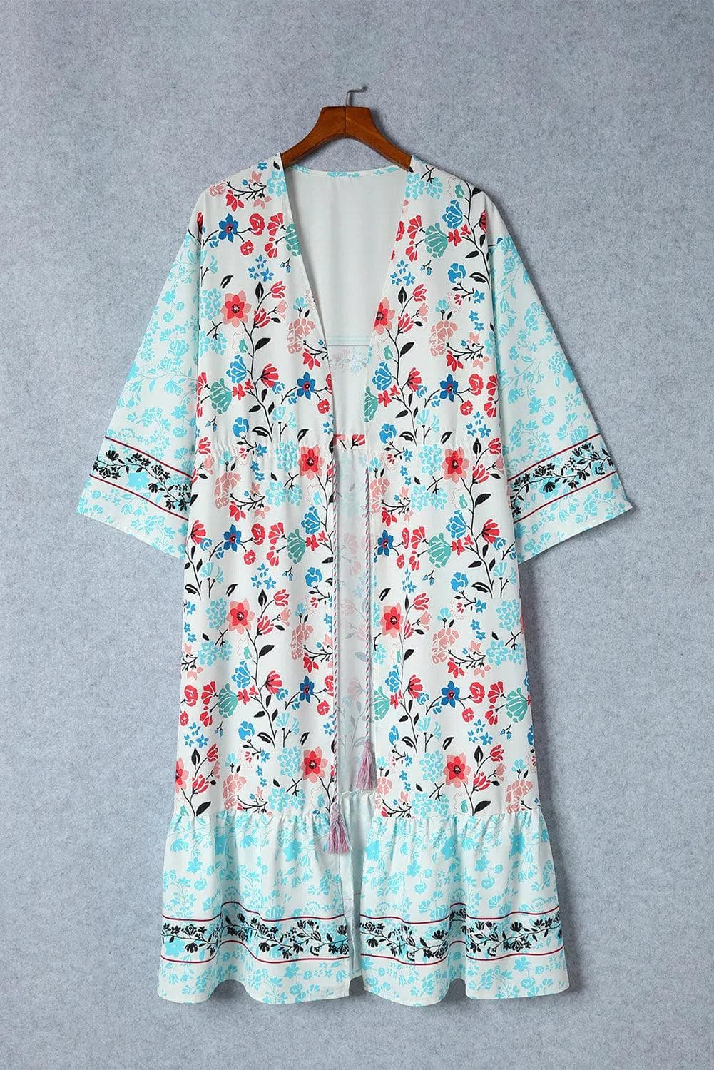 Outerwear/Kimonos Multicolor Long Sleeve Tassel Tie Floral Kimono