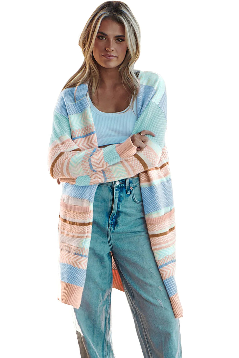 Multicolour Striped Printed Knitted Open Front Cardigan - Chic Meadow Boutique 