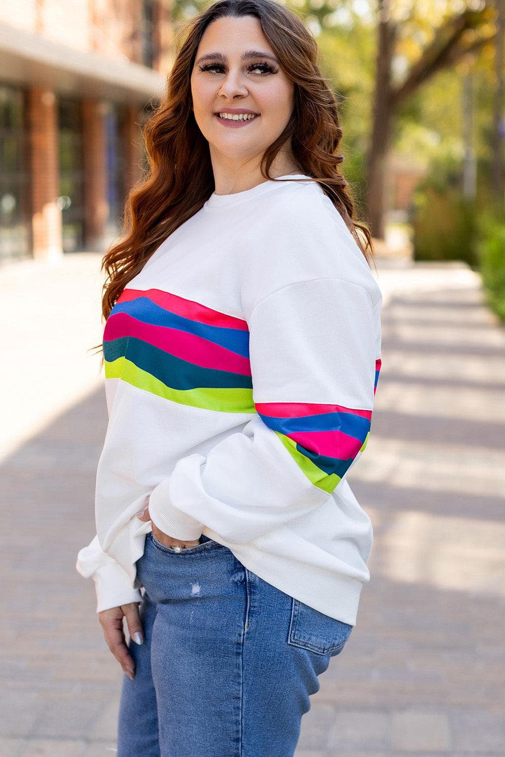 Plus Size/Plus Size Sweatshirts & Hoodies White Plus Size Colorful Striped Drop Shoulder Loose Sweatshirt