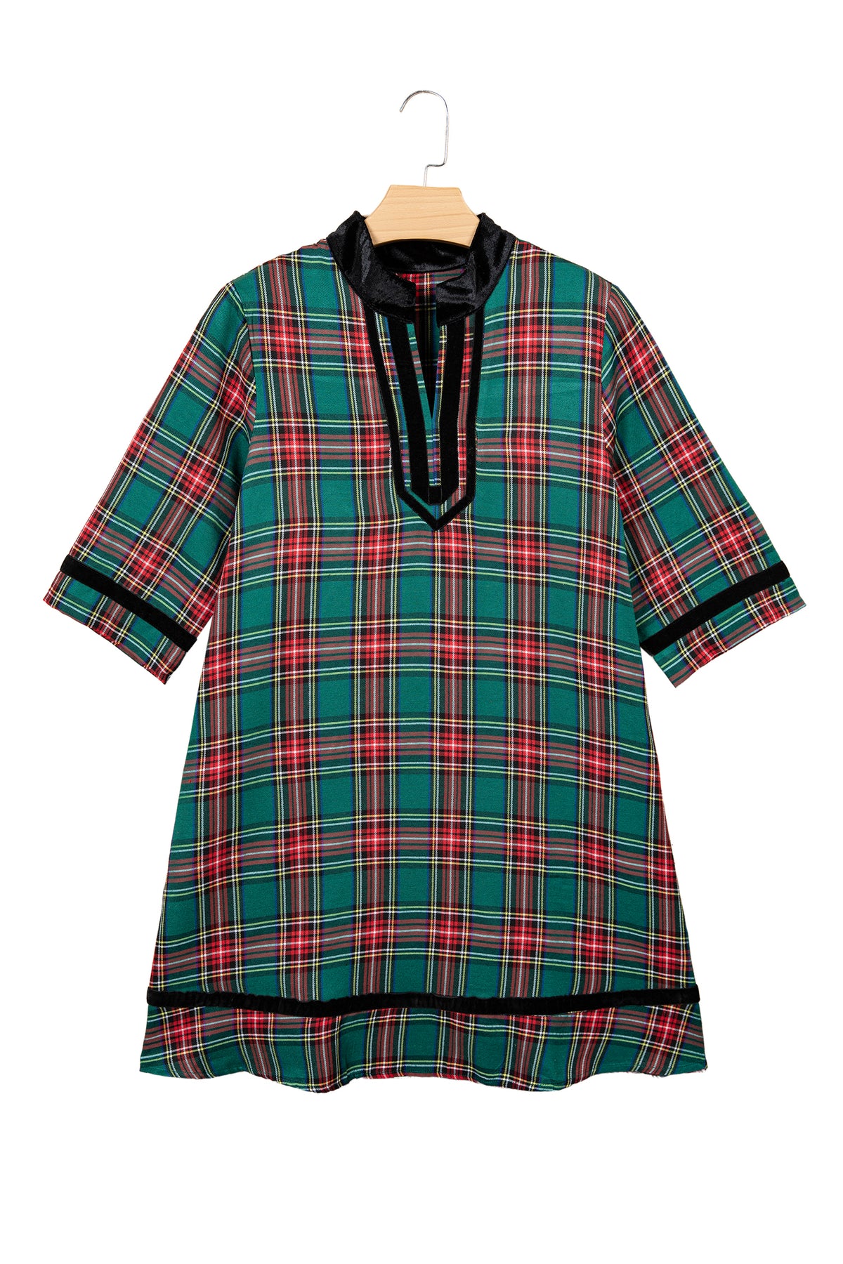 Green Plaid Velvet Trim Pockets Short Shift Dress