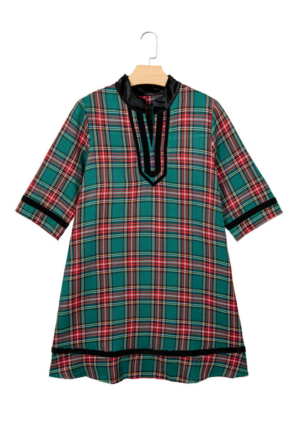 Green Plaid Velvet Trim Pockets Short Shift Dress