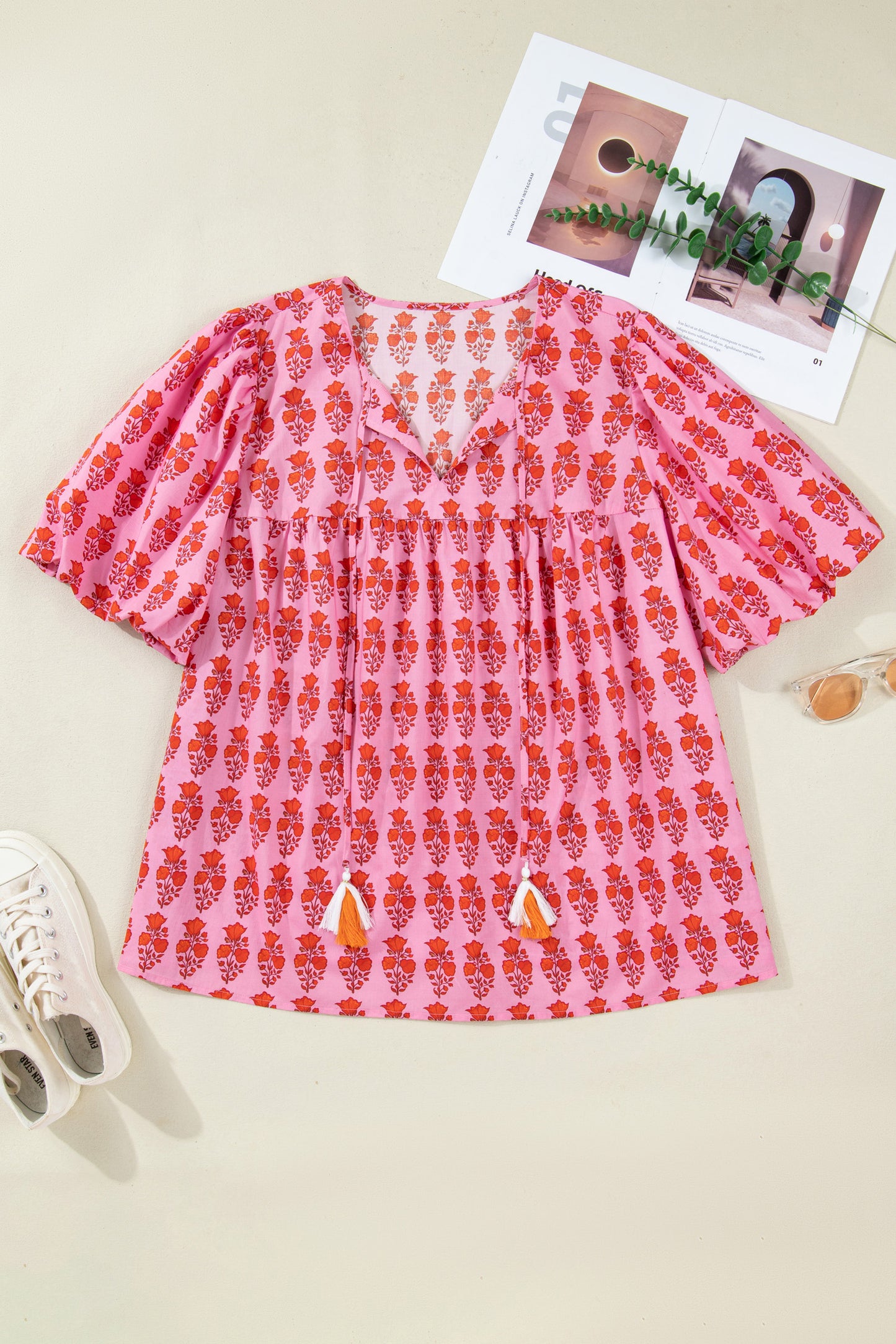 Pink Plus Size Floral Print Tassel Tie Puff Sleeve Cotton Blouse