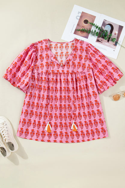 Pink Plus Size Floral Print Tassel Tie Puff Sleeve Cotton Blouse