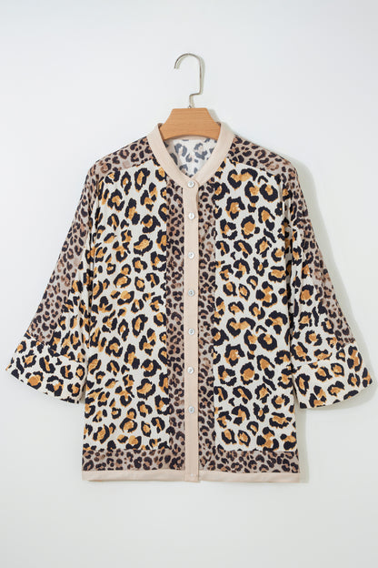 Khaki Mixed Leopard Patchwork 3/4 Sleeve Loose Shirt