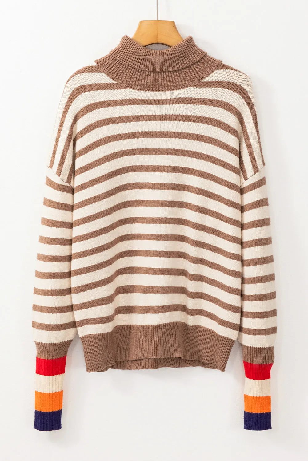 Brown Stripe Colorblock Bishop Sleeve Turtleneck Sweater - Chic Meadow Boutique 