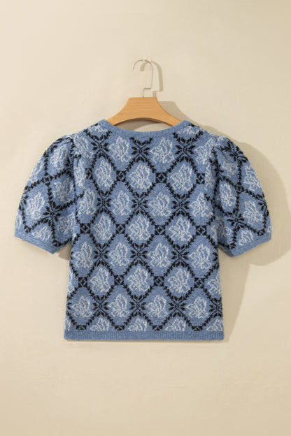 Dark Blue Short Sleeve Button Front Boho Knit Top Cardigan