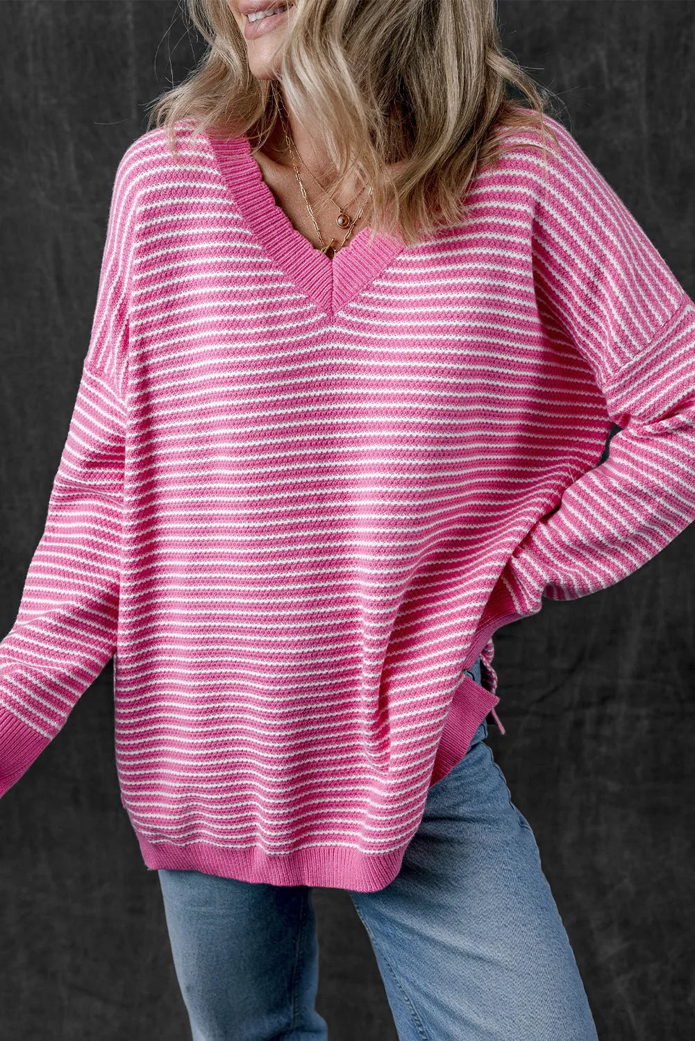 Pink Striped Scallop V Neck Loose Sweater with Slits - Chic Meadow Boutique 