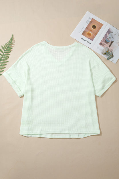 Clearly Aqua V Neck Short Sleeve Plus Size Waffle Knit Top