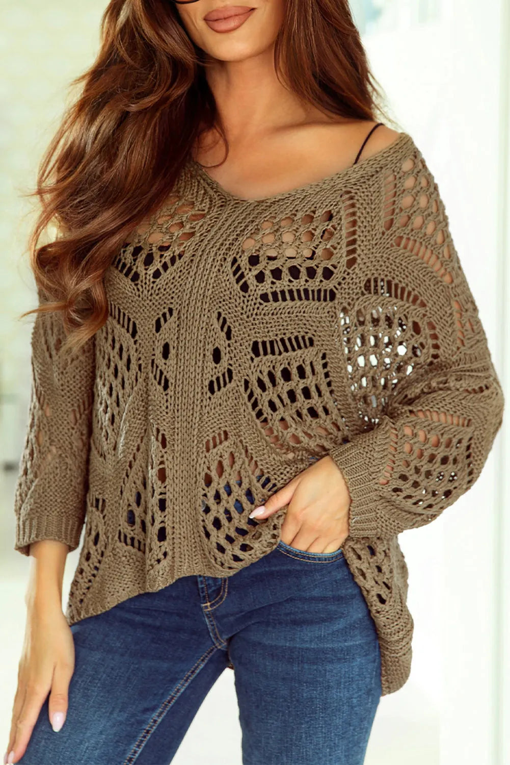 Khaki Hollowed Knit V Neck Dolman Sleeve Sweater - Chic Meadow Boutique 